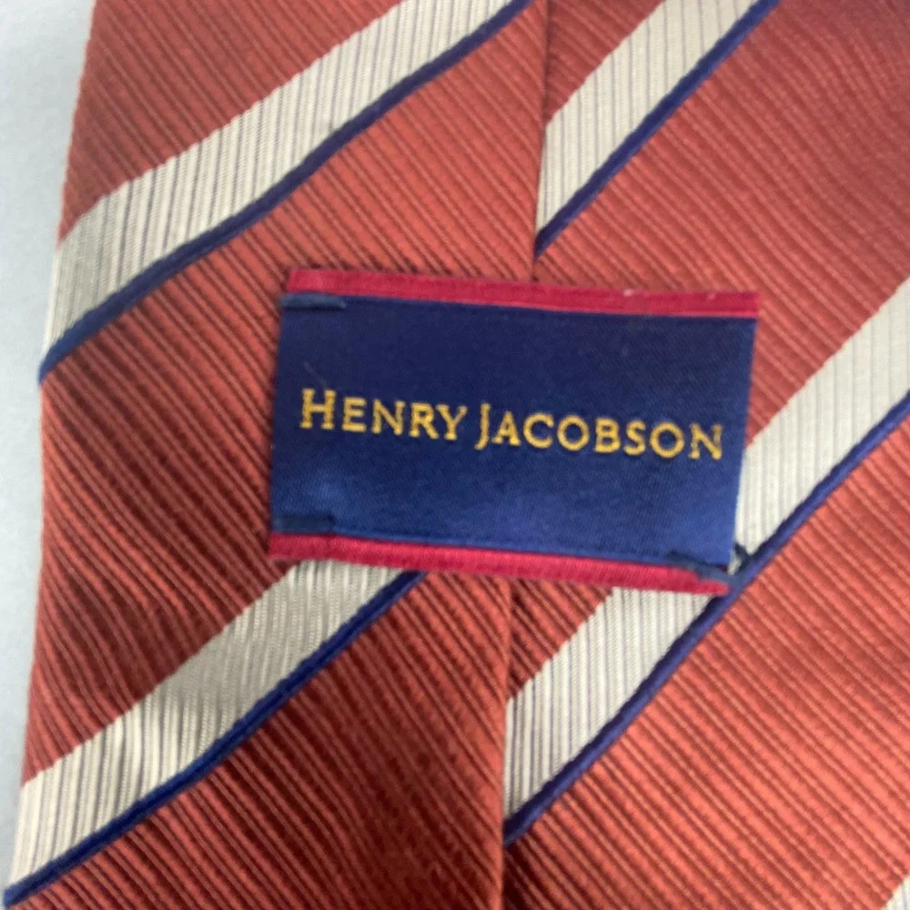Henry Jacobson Silk Wool Striped Tie Rust Orange Cream Navy Handmade‎ 59.5x4